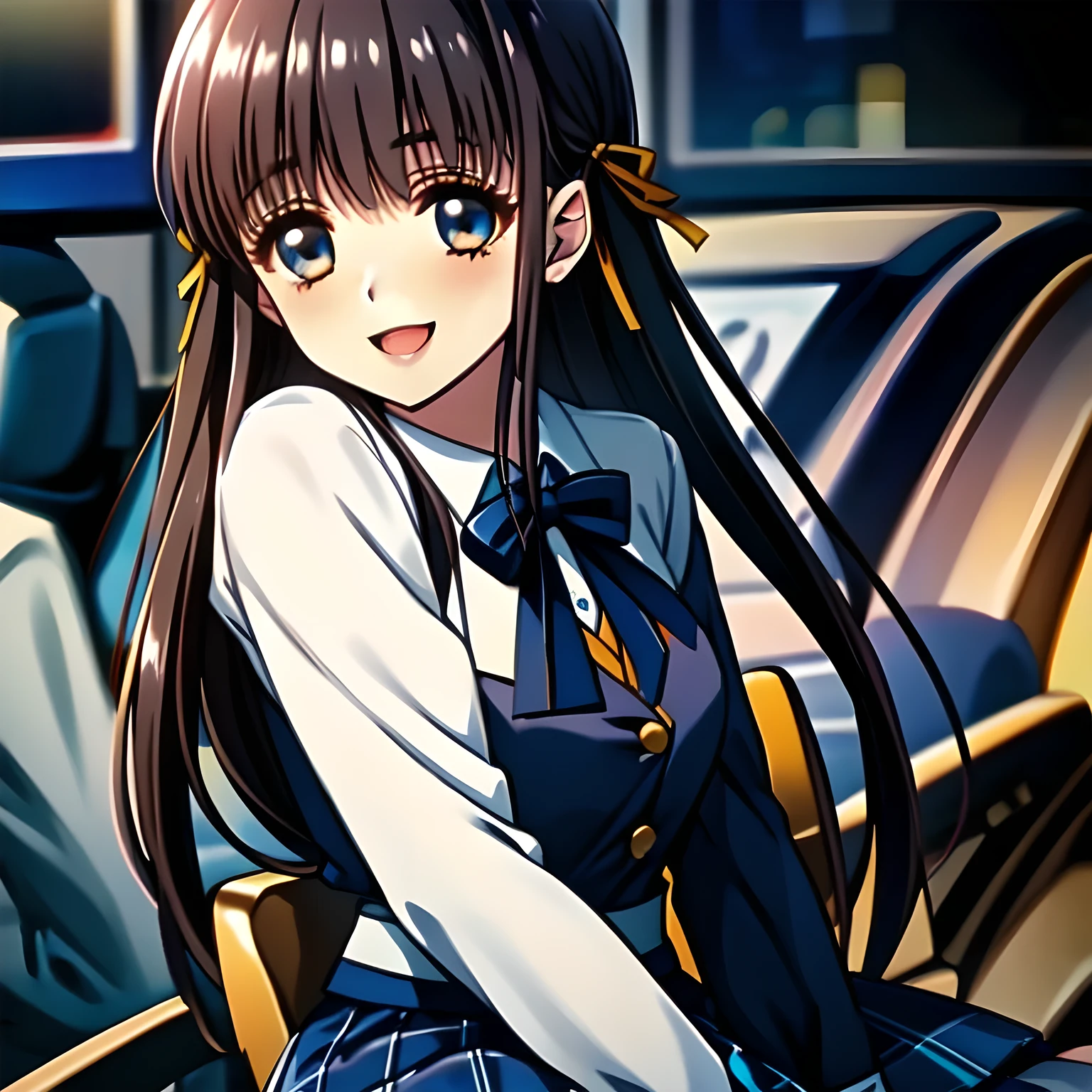 (highest quality, masterpiece, Full HD, High definition: 1.2), (Japanese Game CG art of beautiful giggling seated girl, charming me: 1.3), (Just one very beautiful date-game heroine who is looking and laughing at me, Very detailed cute **** heroine's eyes and face, Beautiful giggling eyes with detailed: 1.0), (Super-long bottom-eyelashes: 1.2), (Girl whom everyone loves because of her beauty and lovely fashion and noble manner and mind of evil succubus and magical-charm of evil succubus: 1.0), (Very beautiful, wavy, cutely shining super-super-long blue hair, with elegant hair ribbons, spreading on whole the screen: 1.0), (Laughing very beautiful and lovely sapphire-blue intelligent cute-eyes which charms and enslave me inevitably, with clearly detailed: 1.4), (Eyes are clearly detailed), (very long eyelashes: 1.0), (Noble black neat sailor-styled formal school uniform with a noble expensive ribbon on the chest: 1.0), (Charming neat blue & navy tartan-checkered pleated long school skirt: 1.5), (Soprano singer of classic music: 1.0), (Can't stop giggling: 1.6), Clear skin, (Nothing except black background: 1.5)