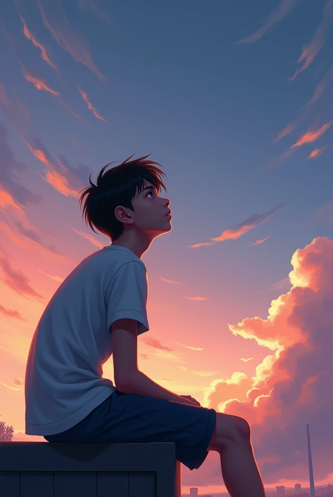A teen boy looking at sunset
