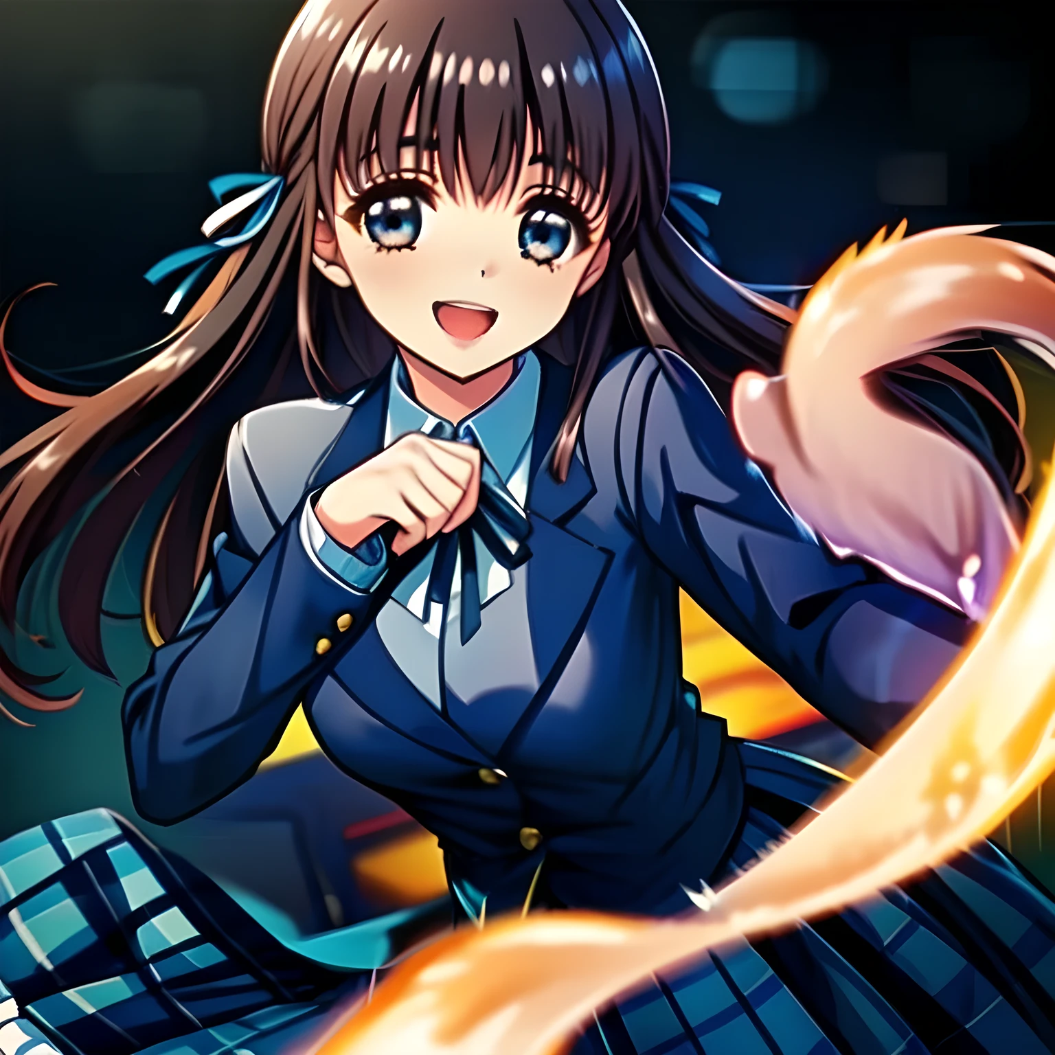 (highest quality, masterpiece, Full HD, High definition: 1.2), (Japanese Game CG art of beautiful giggling flying girl in the space, charming me: 1.3), (Just one very beautiful date-game heroine who is looking and laughing at me, Very detailed cute 15yo heroine's eyes and face, Beautiful giggling eyes with detailed: 1.0), (Super-long bottom-eyelashes: 1.2), (Girl whom everyone loves because of her beauty and lovely fashion and noble manner and mind of evil succubus and magical-charm of evil succubus: 1.0), (Very beautiful, wavy, cutely shining super-super-long blue hair, with elegant hair ribbons, spreading on whole the screen: 1.0), (Laughing very beautiful and lovely sapphire-blue intelligent cute-eyes which charms and enslave me inevitably, with clearly detailed: 1.4), (Eyes are clearly detailed), (very long eyelashes: 1.0), (Noble black neat sailor-styled formal school uniform with a noble expensive ribbon on the chest: 1.0), (Charming neat blue & navy tartan-checkered pleated long school skirt: 1.5), (Soprano singer of classic music: 1.0), (Can't stop giggling: 1.6), Clear skin, (Nothing except black background: 1.5)