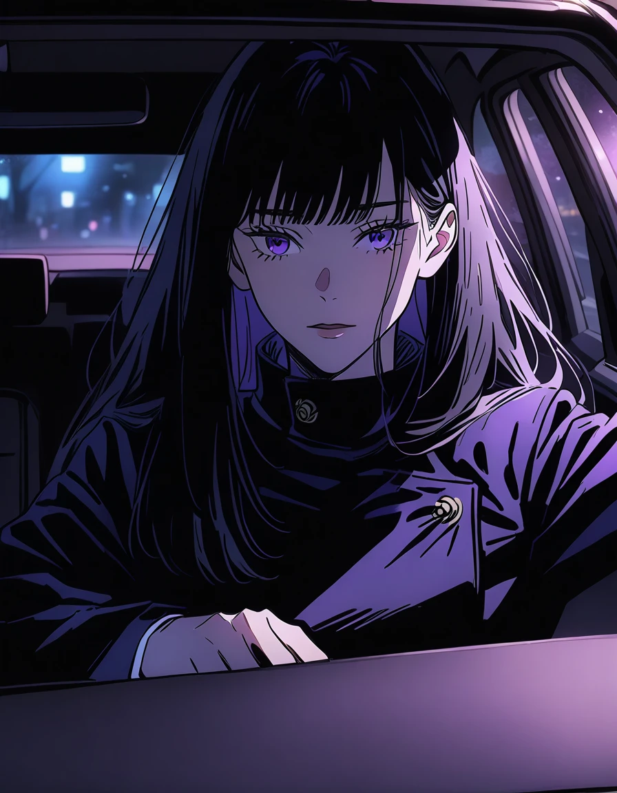 a woman (female) with long black hair with bangs (long hair), purple eyes (purple), beautiful, cute, jujutsu kaisen uniform, artwork, lighting, in car 
