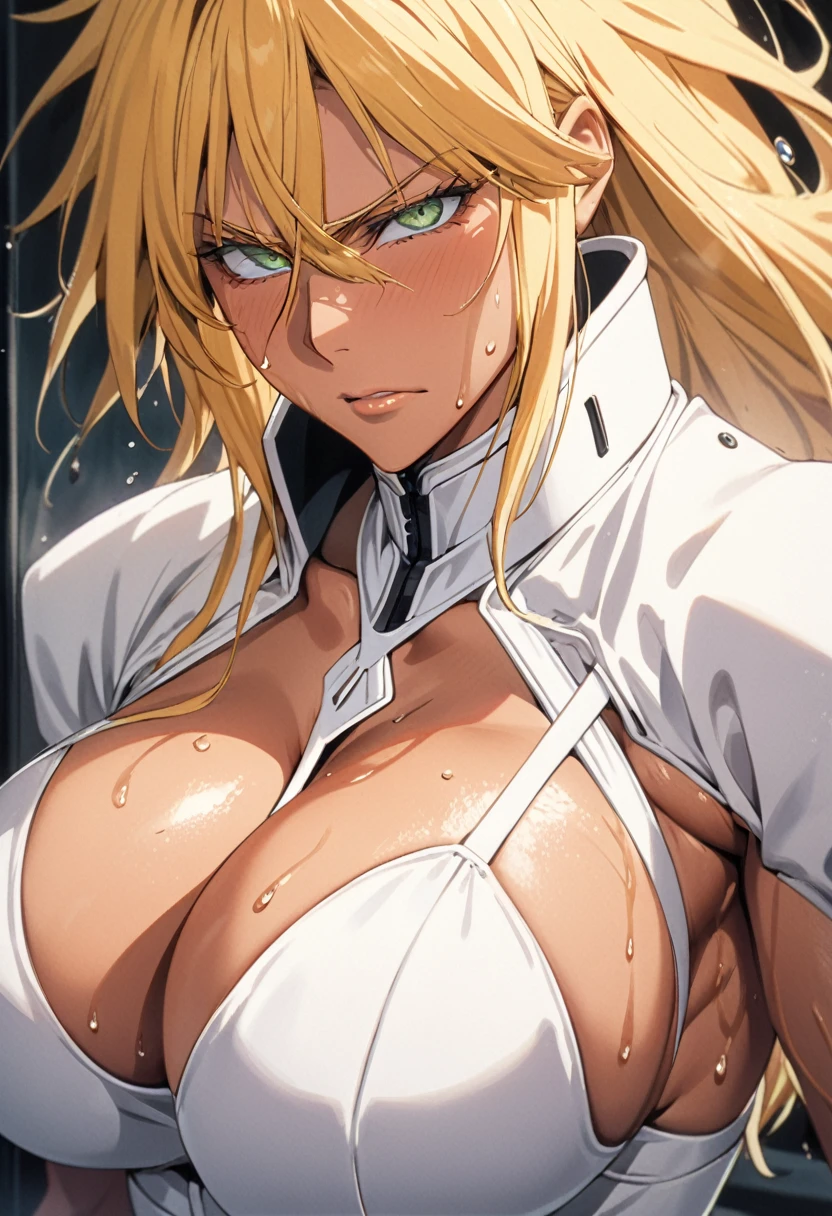 masterpiece, Highest quality, High resolution, (Harribel),(BLEACH),1990s \(style\),F cup breasts、height: 170cm,Sweating all over the body、Muscular,,独奏,Anime-style painting style, Blonde,long hair、Composition focusing on the upper body,(Cool face)、(Pointed Eyes)