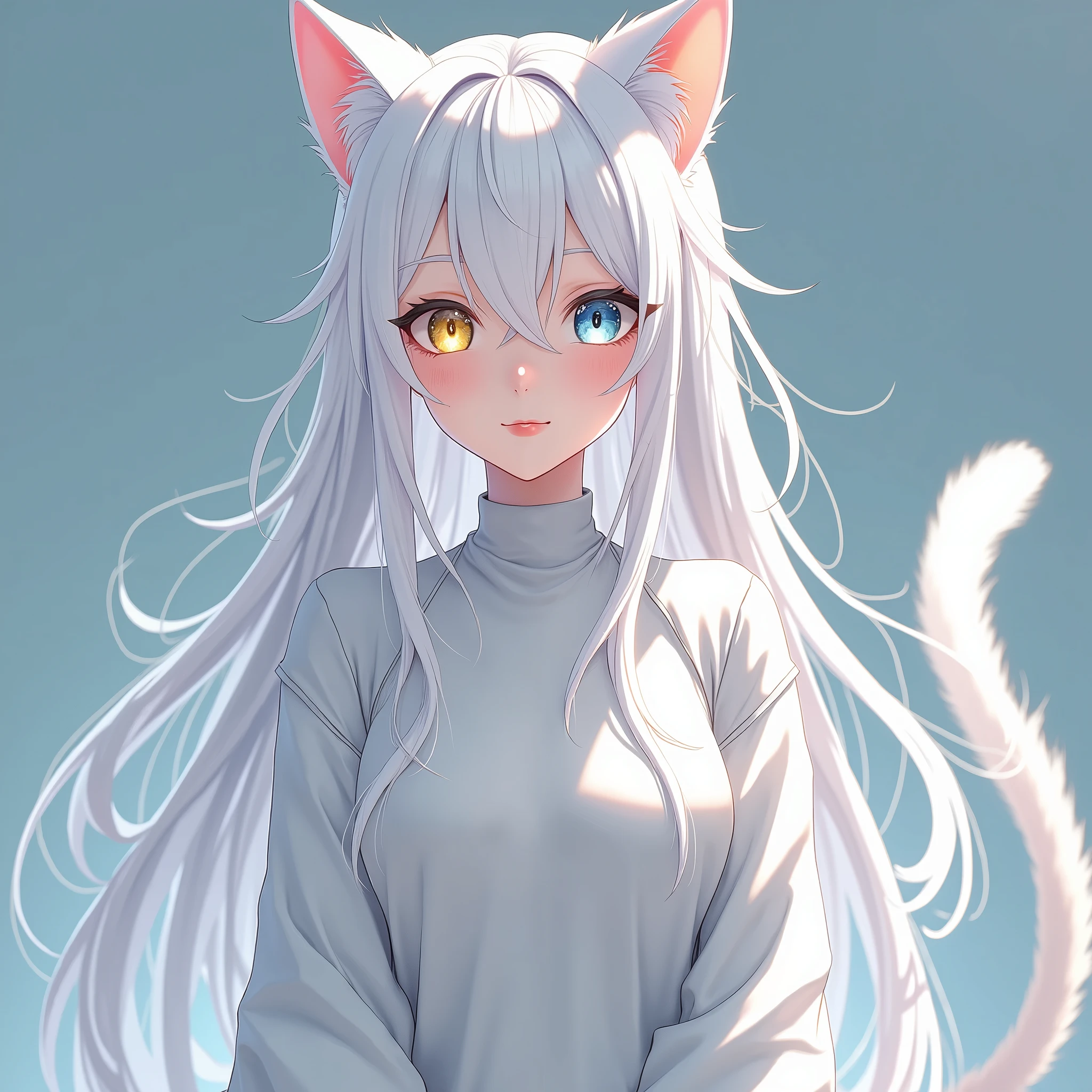 Anime girl with long white hair and blue eyes wearing a white cat ...