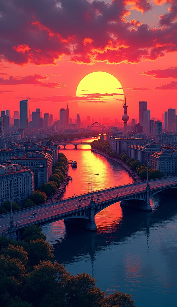 photo, the sun is setting over a river in a city (ModernCity style:1) <lora:djzModernCityV21:1>
