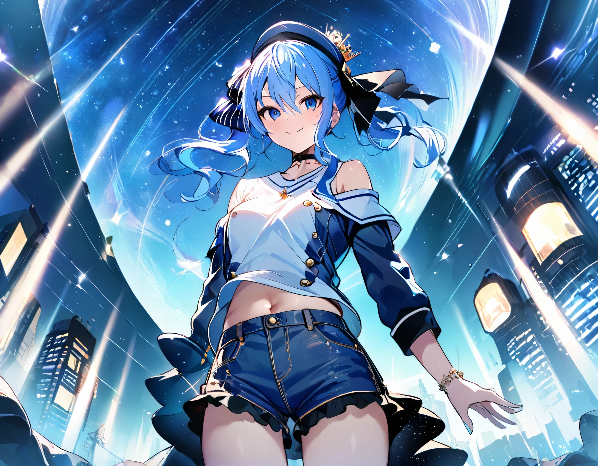 (8k、Best image quality、highest quality、masterpiece)、Detailed face、 1girl、Blue Hair、Long Hair、sideponytail、dark_blue_eyes、smile,(navel:0.6),Moderate_torso、small_breasts,((White T-shirt))、Off the shoulder、Black shoulder straps、(open_front_denim_short_shorts:1.2)、Cowboy Shot、Shoot from below、City Background, starry_sky_landscape ,hoshimachi suisei, slender,(covered_nipples:0.3), (belly button:1.2),nihil,solo,stargaze,girl_looking_up_sky,(abs:0.6),tie_of_shirt