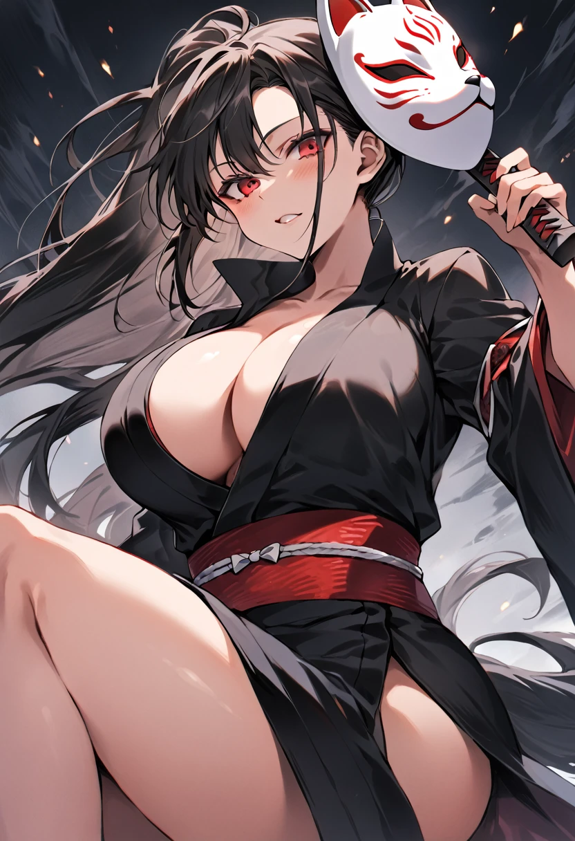 (uhd, masterpiece, anatomically correct, best quality, highres), a girl, Ninja, A beautiful and lustrous ponytail, Big breasts that are about to spill out, Cleavage, Breasts seen from the side:1.3, Thighs, Shinobi costume with many gaps:1.3, Coarse mesh inner, Holding a short sword, Legs wide open:1.3, Fox Mask, illustration, Full shot, Angle from below:1.3, Attack from the Night