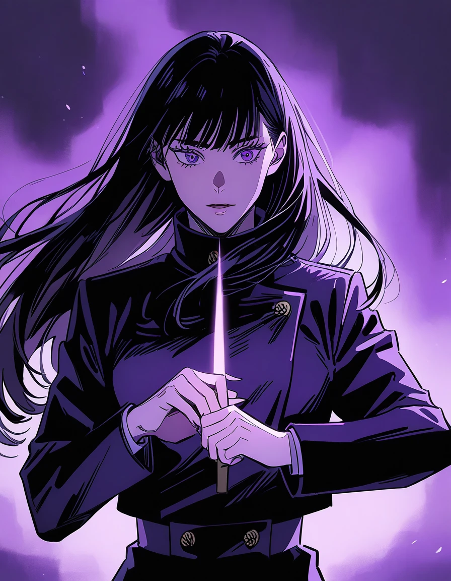 a woman (female) with long black hair with bangs (long hair), purple eyes (purple), beautiful, cute, jujutsu kaisen uniform, lighting, at jujutsu kaisen school, artwork, lighting and gojo saturo
