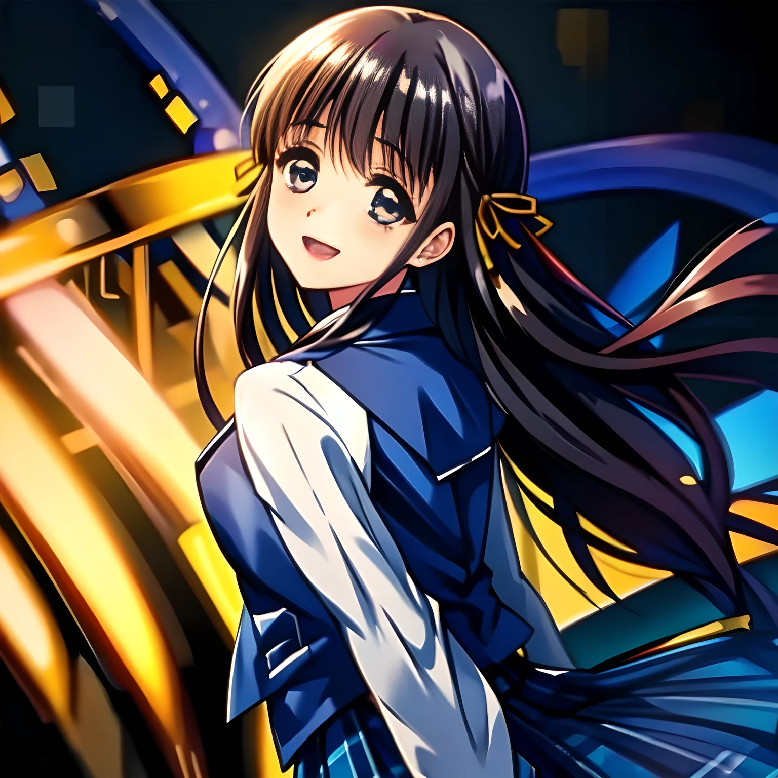 (highest quality, masterpiece, Full HD, High definition: 1.2), (Japanese Game CG art of beautiful giggling flying and falling girl in the space, charming me: 1.3), (Just one very beautiful date-game heroine who is looking and laughing at me, Very detailed cute **** heroine's eyes and face, Beautiful giggling eyes with detailed: 1.0), (Super-long bottom-eyelashes: 1.2), (Girl whom everyone loves because of her beauty and lovely fashion and noble manner and mind of evil succubus and magical-charm of evil succubus: 1.0), (Very beautiful, wavy, cutely shining super-super-long blue hair, with elegant hair ribbons, spreading on whole the screen: 1.0), (Laughing very beautiful and lovely sapphire-blue intelligent cute-eyes which charms and enslave me inevitably, with clearly detailed: 1.4), (Eyes are clearly detailed), (very long eyelashes: 1.0), (Noble black neat sailor-styled formal school uniform with a noble expensive ribbon on the chest: 1.0), (Charming neat blue & navy tartan-checkered pleated long school skirt: 1.5), (Soprano singer of classic music: 1.0), (Can't stop giggling: 1.6), Clear skin, (Nothing except black background: 1.5)