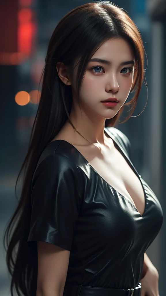 Immerse yourself in the world of game art with this visually diverse and creative half-length photo of a 20-year-old girl, featuring a close-up of her detailed eyes and large breasts.