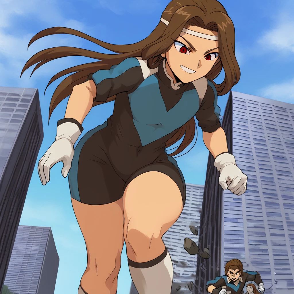 ultra-detailed, detailed face, detailed eyes, retro anime style, cartoon style, front view, from bottom, powerful shot, powerful effects, dynamic effects, dynamic shot, 

athletic curvy physique, inverted body type, attractive feminine curves, big breasts, curvy legs and arms, feminine curvy figure, (thick thighs, thick calves, thick voluptuous legs, big curvy hip, bare knees), ((style of plump voluptuous body)), 

white gloves, gloves, bodysuit, dark emperors, boots,
brown long hair, red eyes, 

1 beautiful giant boy, looking down with evil smile, (running with destroying buildings, sprinting between buildings, leaning forward, stepping forward, put one foot forward, put one knee forward, put one leg forward, chasing small people around her feet), rampage, destroying city, destroying buildings, corrupted buildings, running with rolling rubble dust up, crushing building with his hand, crushing one small man with his foot, scattered rubble around his steps, towering, overwhelming, terrible, 

building size, nathan,1boy, kurosaki makoto, long hair, red eyes, brown hair, headband, 