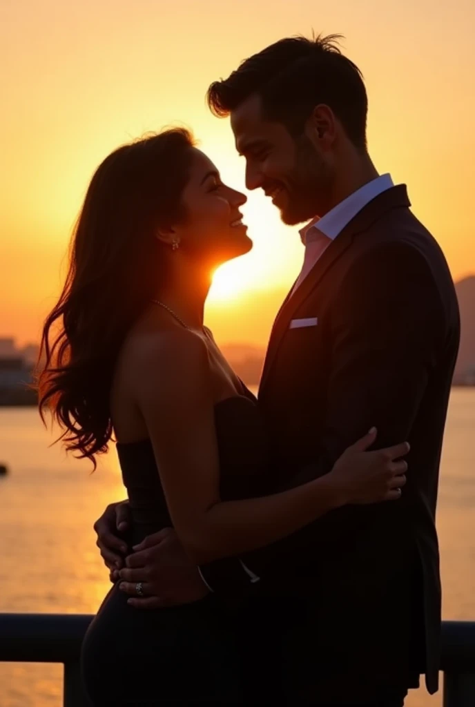 Pose 4: Playful Interaction
Pose 5: Romantic Silhouette
Description: The couple is captured in a silhouette against the setting sun. They are standing close together, with the woman’s head slightly tilted towards the man, who is holding her close. Their figures are outlined against the warm, golden sky, emphasizing their connection.
Background: The horizon of Yokohama Bay with the setting sun creates a dramatic backdrop. The outlines of the Marine Tower and park greenery are subtly visible in the silhouette.
Lighting: The backlighting of the sunset creates a romantic and ethereal glow, highlighting the outline of the couple and the tranquil setting.
 Casual yet Elegant Fashion:  stylish but relaxed, fitting the overall elegant vibe. Yamashita Park Setting: Position the couple with the park’s features in the background. Capture the waterfront, lush greenery, and any distinctive landmarks like the Marine Tower. 
Details of the Couple: Woman: 3 asian, With her long wavy, dark hair styled neatly and her gentle features, she should be captured in a way that highlights her relaxed and natural beauty. Her outfit should complement her fair complexion and the soft lighting. 
Man: 3 asian, With his sidepart dark hair and angular face, he should have a profile view that emphasizes his defined jawline and intense gaze. His relaxed expression should be softened by the golden light.