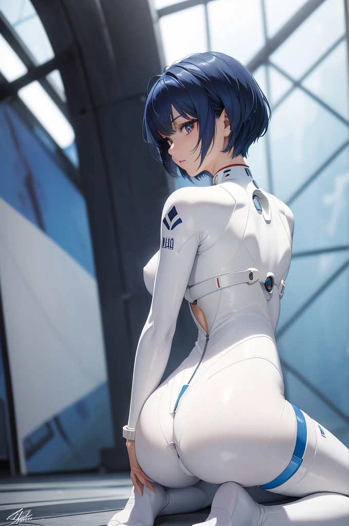 (best quality:1.5, highres, UHD, 4K, detailed eyes, detailed lighting, detailed hair, shaders), black hair, bob cut, hair covering one eye, cool woman, cool girl, sharp eyes, blue eyes, beautiful, large breasts, casual clothes, (pov, close shot, focus on the face), dark background