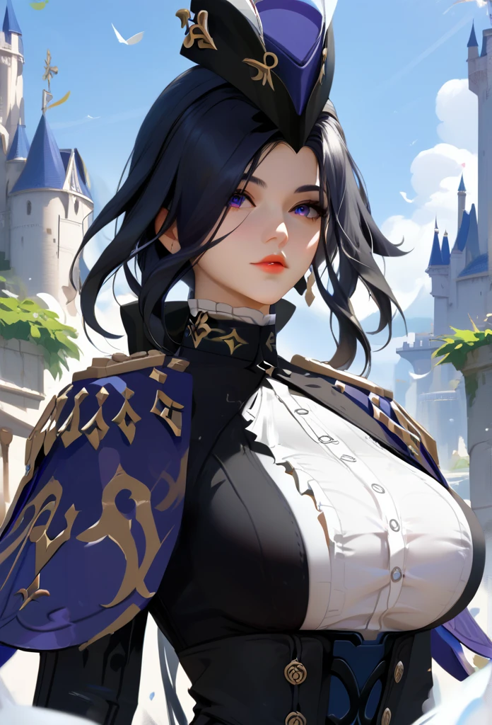 ((masterpiece)), ((best quality)), (ultra-detailed), absurdres, extremely detailed CG unity 8k wallpaper, Official Art, Accurate describe shapes, (realistic), beautiful face, detailed hands, expressive eyes, upper body, looking at viewer, solo, (standing, arm at side, serious:1.2), (indoors, scenery, dramatic light, illustration:1.1), (1girl, mature female, large breasts, curvy, wide hips, deep blue hair, purple eyes, long hair:1.4), (blue headwear, white gloves, black pantyhose, earrings, hat feather, garter strap, corset, epaulettes, long hair:1.3), , ((masterpiece)), absurdres, HDR, clorinde (genshin impact) 32k UHD RGB
