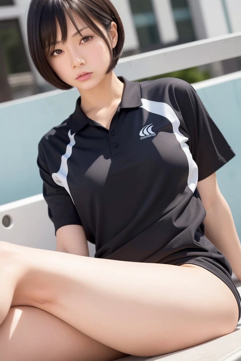 masterpiece, Highest quality, RAW Photos, Very detailed, The finer details, High resolution, 8k wallpaper, Perfect dynamic composition, Well-detailed eyes, Short black hair, Shiny Hair, Natural lips, Thin and large, Small breasts, Belly button, Clean thighs, Narrow locker room, Sitting on a bench,Sweating profusely, Volleyball Uniforms