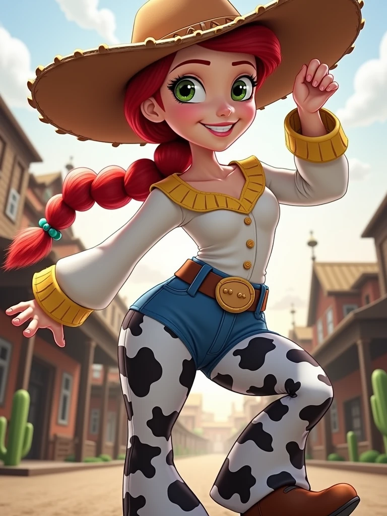 (JessieWaifu:1), smile, cute, cute pose, looking at viewer, thick thighs, :D, (red dress, hat:1.2), standing on one leg,
(realistic:1.2), (realism), (masterpiece:1.2), (best quality), (ultra detailed), (8k, 4k, intricate),(full-body-shot:1),(Cowboy-shot:1.2), (85mm),light particles, lighting, (highly detailed:1.2),(detailed face:1.2), (gradients), sfw, colorful,(detailed eyes:1.2),
(detailed ladscape, farm, fild, sky, clouds:1.2),(detailed background),detailed landscape, (dynamic angle:1.2), (dynamic pose:1.2), (rule of third_composition:1.3), (Line of action:1.2), wide shot, daylight, solo,
<lora:JessieTS_character-20:0.6>