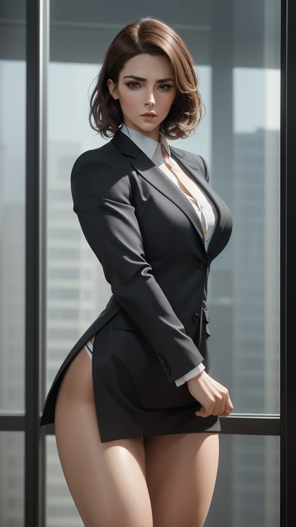 a woman wearing a business suit in an office, standing in a confident pose, with a tall and muscular build, extremely detailed and photorealistic, 8K resolution, hyper realistic, highly detailed brown short hair, beautiful blue eyes, thick eyebrows, beautiful lips, beautiful and cute face, dramatic lighting, Octane render, ultra high detailed, masterpiece, super detailed, photo hyperrealistic, photo resolution, photorealistic