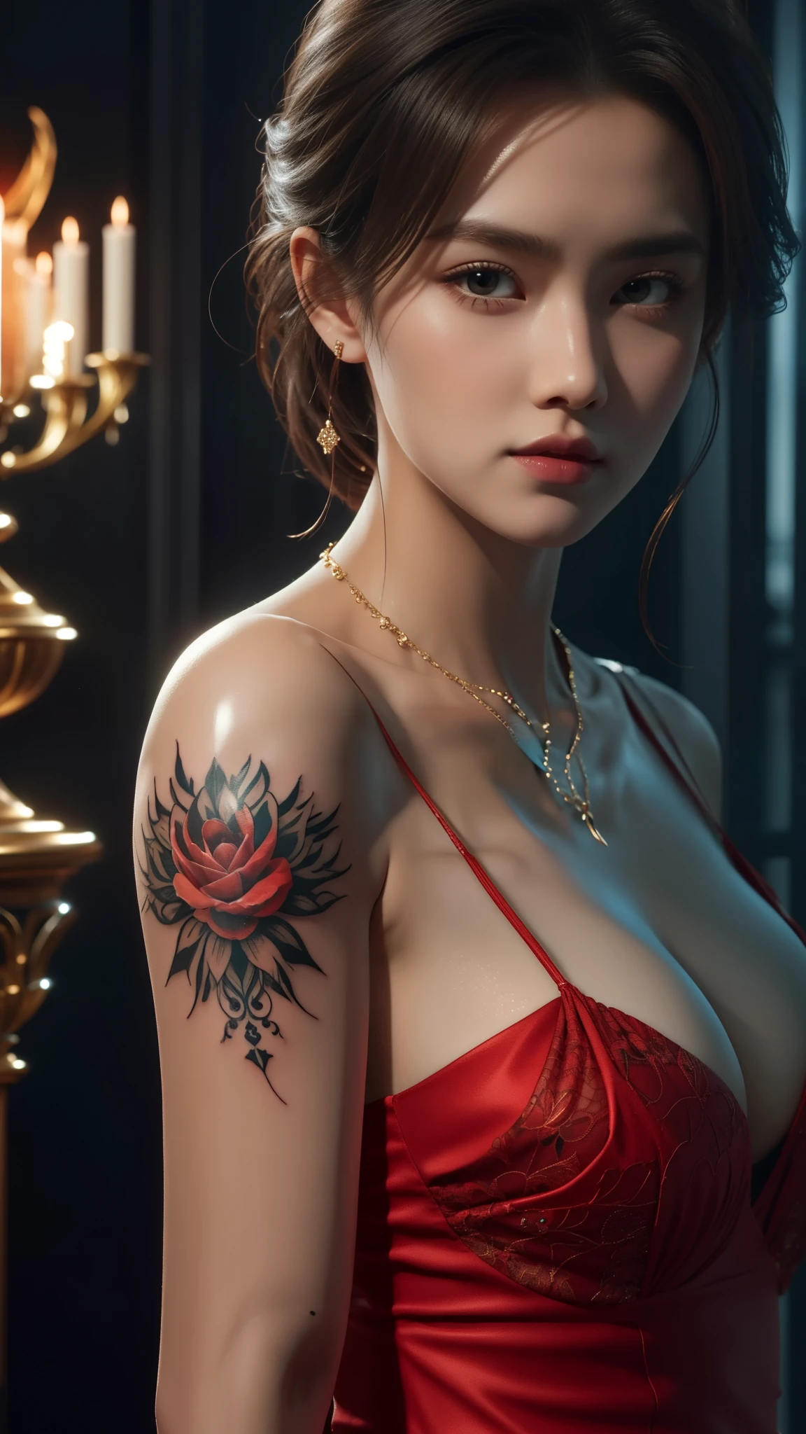 Game Art，Cg animation，Best image quality，Maximum resolution，8k，(A half-length photo)，(portrait)，(Head close-up)，(Rule of Thirds)，Unreal Engine 5 rendering works，20 year old girl，((Queen))，The eyes are very detailed，(Large Breasts)，Elegance and nobility，Movie Lighting，Ray Tracing，Game CG，((3D Unreal Engine))，OC rendering reflection pattern，4K，Ultra-clear，Translucent lace，Fair and plump figure，Pretty Face，Glossy Gel Coat，The Queen in a luxurious dress，Necklace jewelry，intricate tattoo designs，The tattoo is very delicate，goddess，Large breasts，Steel bracelet on arm，Turn one eye and close one eye