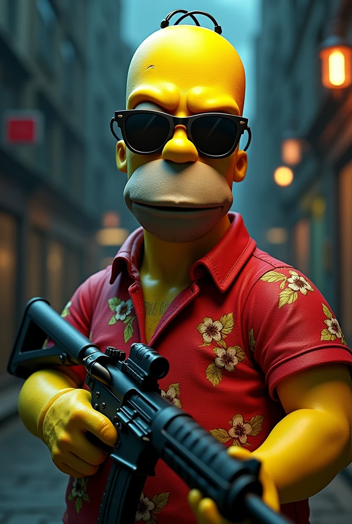 Make a sad badass Homer Simpsons with a red hawaiian shirt and sunglasses with a gun in hand in 3D