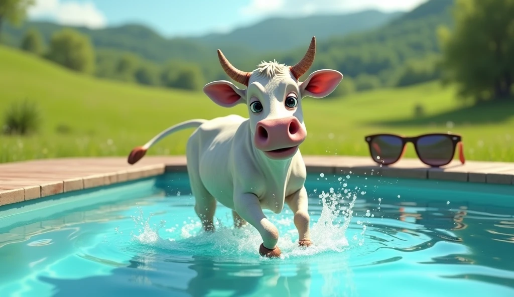 there is a woman sitting next to a pool with a drink, next to a pool, sitting in the pool, wet swimsuit, sitting in a reflective pool, full length shot, sitting at the edge of pool, squatting down next to a pool, shot from the side, full length view, sitting on a reflective pool, wearing a wet white short dress, ((freckled)), ((big freckles)), cute freckles, light cute freckles, RAW photo, photography, hyper photorealistic, soft natural raw light, highly detailed, best quality, deep depth of field, grain, noise, ((nose freckles)), ((hint of freckles)), (((woman with freckles))), (((hint of shoulder freckles))), ((freckles!!!)), (((freckled arms))), (((freckled chest!!!))), ((light cute freckles)), ((sparse freckles)), ((hands turn into hooves)), ((cow nose)), ((cow ears)), ((boobs turn into udders)), ((cow spot patterns)), ((cow furry)), ((anthropomorphic cow))