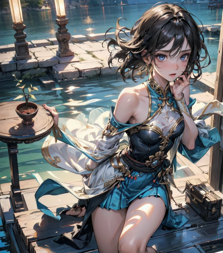Official Art, Masterpiece European female, elvish, short hair, pale brown hair , brown eyes, (​masterpiece、top-quality、hight resolution: 1.4),in 8K, Drawing of a woman with short pale brown hair, Anime Art Nouveau, highly detailed exquisite fanart, anime fantasy illustration, clean detailed anime art, detailed anime art, Sharp Focus, Delicate Beautiful Hair and Eyes and Face, realisitic, ultra-detailliert, flower garden, sunlight