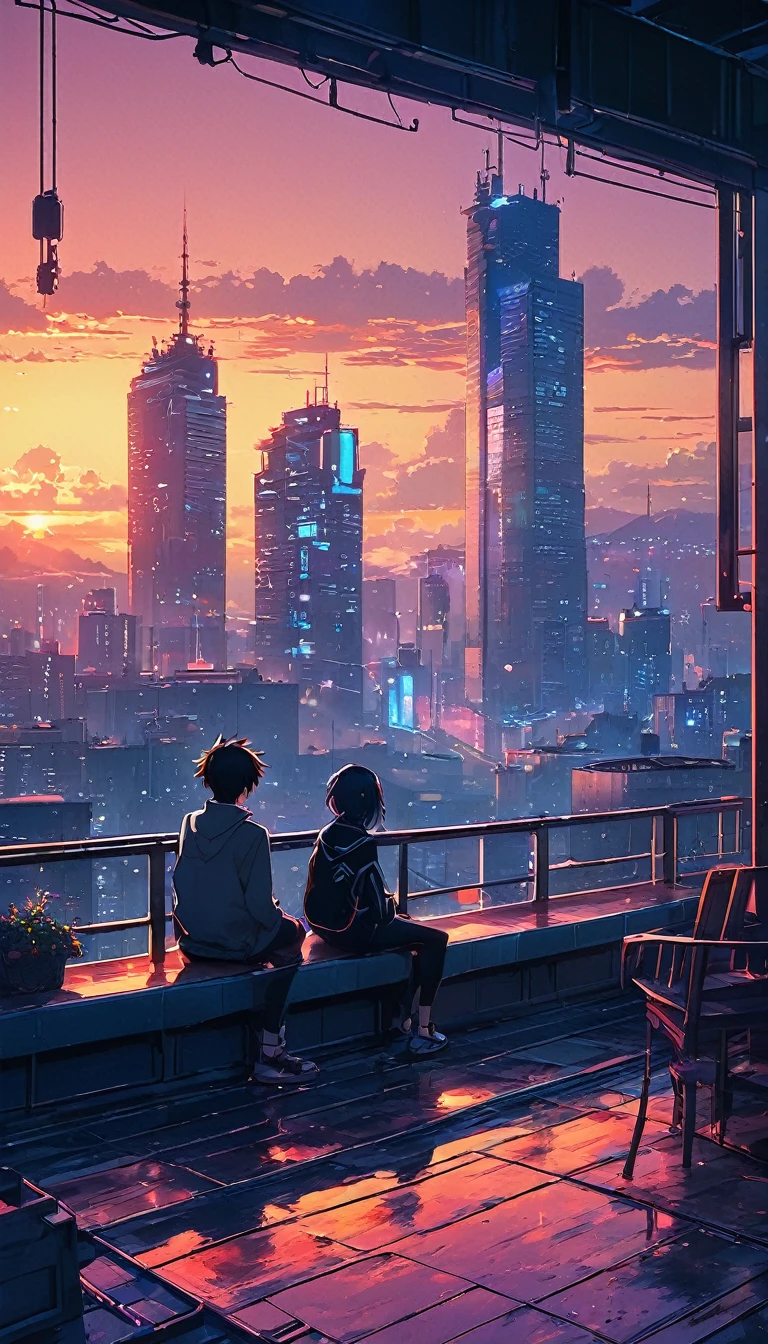 anime couple sitting on a balcony watching the sunset, watching the sun set. anime, lofi artstyle, anime background art, anime style cityscape, beautiful anime scene, lofi art, in style of makoto shinkai, 4 k manga wallpaper, makoto shinkai cyril rolando, hd anime cityscape, ilya kuvshinov landscape, 4k anime wallpaper