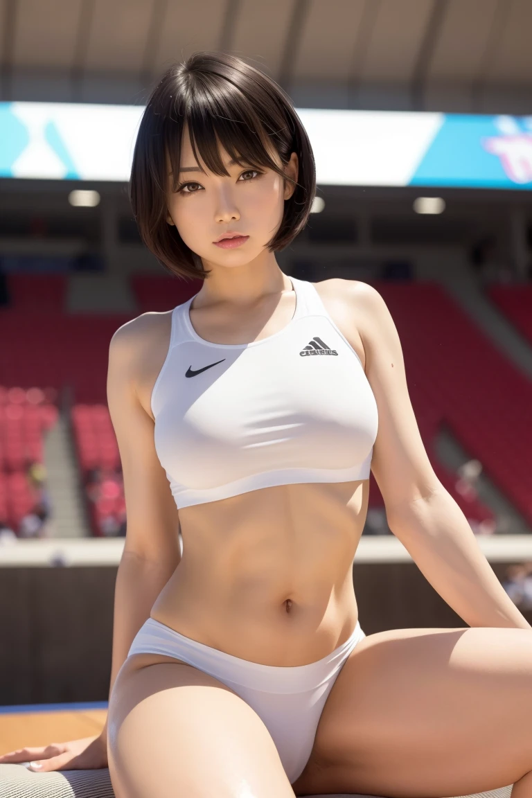 masterpiece, Highest quality, RAW Photos, Very detailed, The finer details, High resolution, 8k wallpaper, Perfect dynamic composition, Well-detailed eyes, Short black hair, Shiny Hair, Natural lips, Thin and large, Small breasts, Belly button, Clean thighs, White sneakers, Cheering section, Sweating profusely, cheer leading