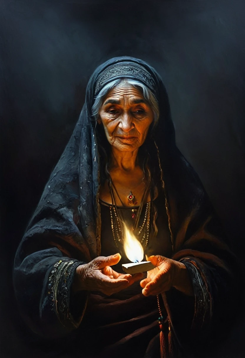 James Gurney, surreal art, dreamlike, mysterious, provocative, Symbolic, complex, detailed, (gothic but very beautiful: 1,4), (masterpiece, Maximum quality: 1,4), Style Nicola Samori, elderly Mexican indigenous Maya woman, with a woven shawl over her head, with a candle in his hands, that lights up his face,high contrast, dark background, Caravaggio