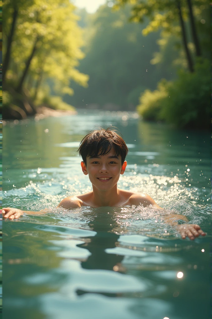 good looking male Black Hair Asian Mushroom cut swimming cute