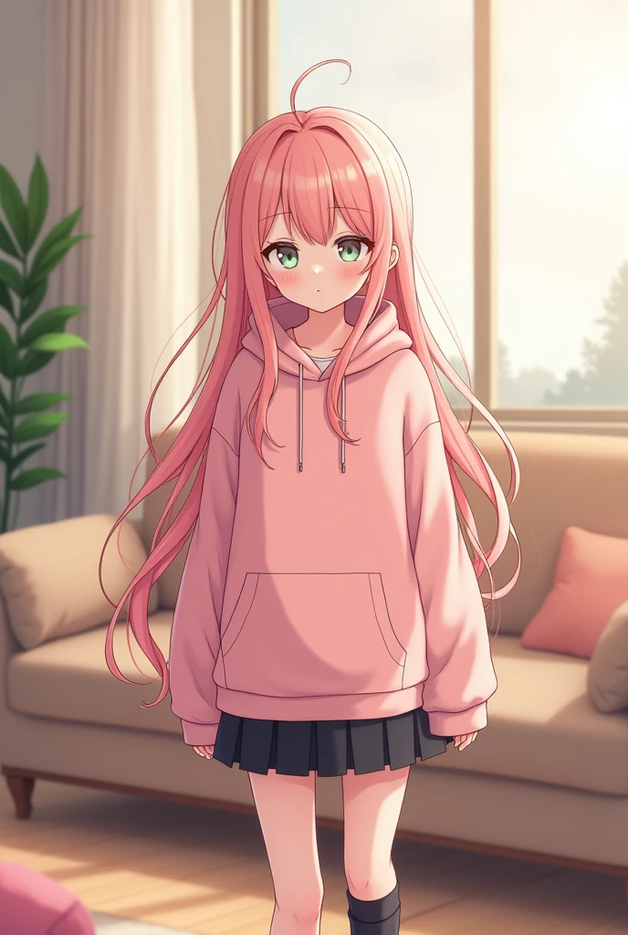 super fine illustration, an extremely cute and beautiful girl with pink cat ears, highly detailed beautiful face and eyes, beautiful pink hair, green eyes, solo, long hair, ((plain)) pink sweatshirt, smile, small breasts, ((full body)), long skirt, room, open mouth, age 25, ((solo)), ((no print)) sweatshirt, incoming hug, sitting on bed, one eye closed,
