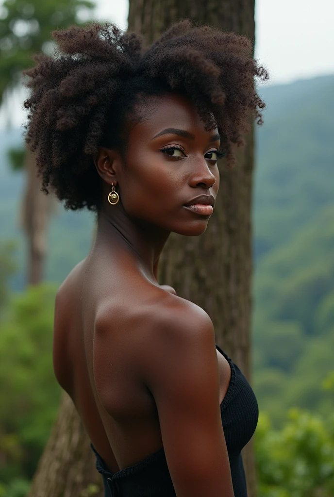 ((best quality)), ((masterpiece)), (detailed), perfect face, African model woman, bed in a forest, bold pose, wind movement, black lingerie with red floral print, close angle 