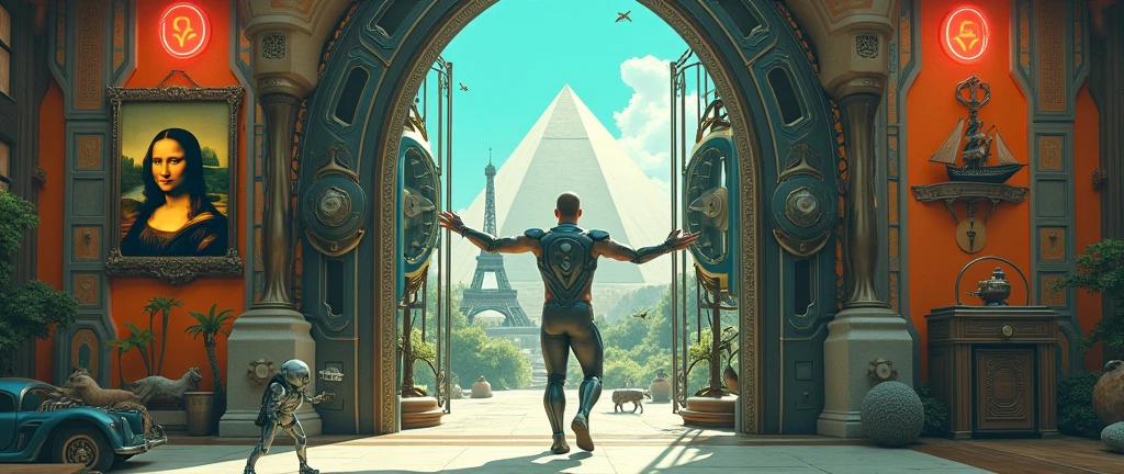 Un homme avec des vêtements futuristes pousse des deux mains des portes futuristes  avec des figures géométriques de couleurs différentes sur la porte et devant lui une pyramide avec de l'herbe et des animaux ,le tout ressemblent à la peinture que j'ai publié 