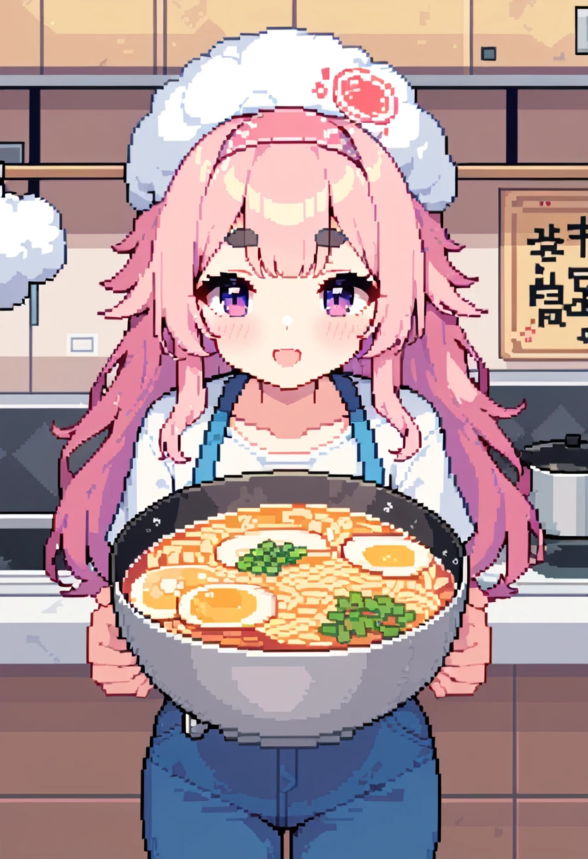 (((Highest quality, 8k, masterpiece: 1.3)), Beautiful pixel art, \One Woman, Pink Hair, Long Hair, Cotton candy hair, Fluffy hair, Thick eyebrows, White T-shirt, Blue jeans, apron, Pink bandana on head, Ramen shop Ramen shop, Ramen shop kitchen, Holding a drainer in both hands, It contains noodles, Draining the water from the ramen, I'm excited