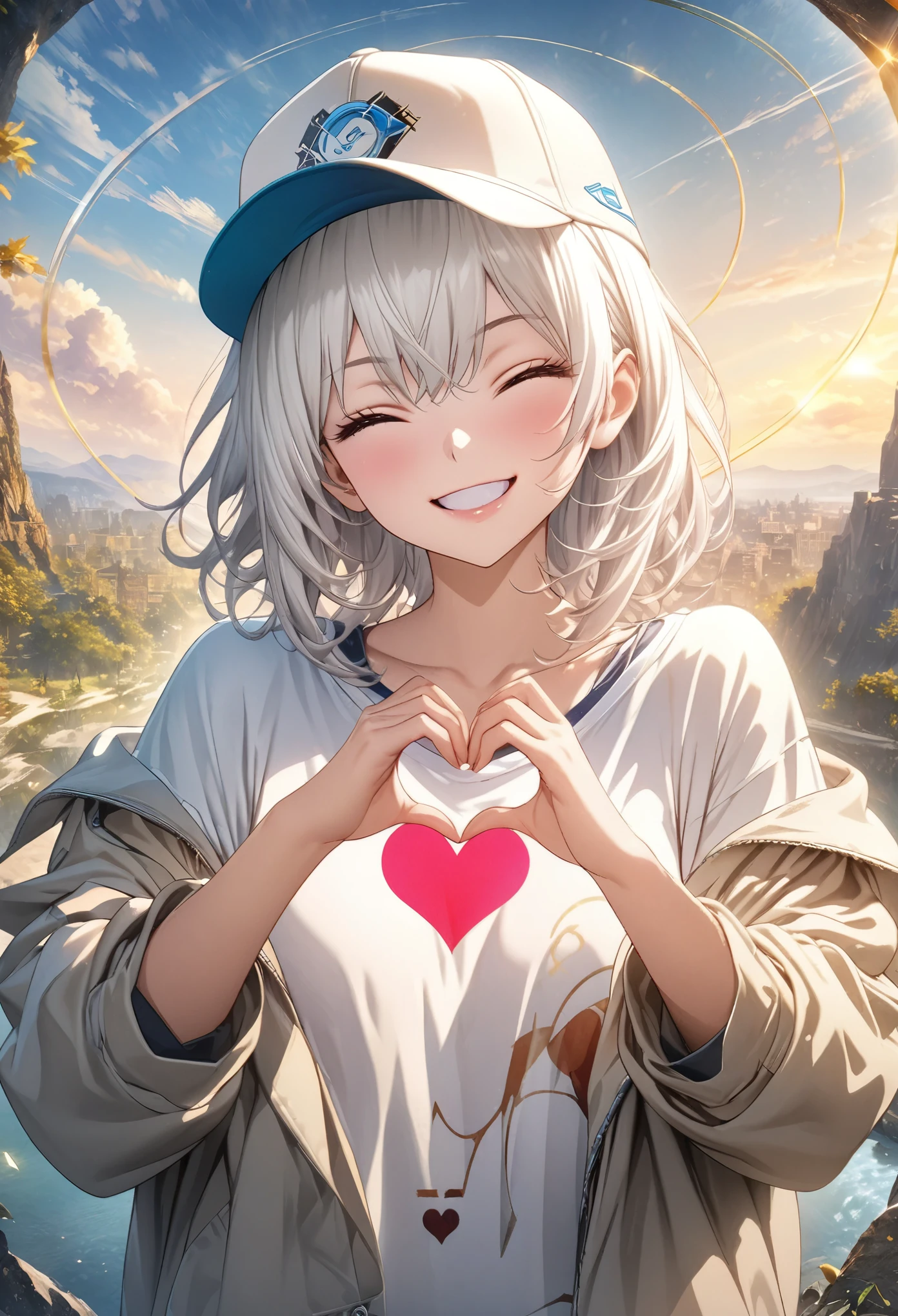 masterpiece, Highest quality, Highly detailed CG Unity 8K wallpapers, High School Girl Anime Illustration. Wear oversized clothing、making a heart with fingers, she has her eyes closed and mouth open, smile. Realistic Backgrounds, 3Dart, white hair color, Yellow Eyes, Anatomical Fingers, Golden Ratio, wear a baseball cap