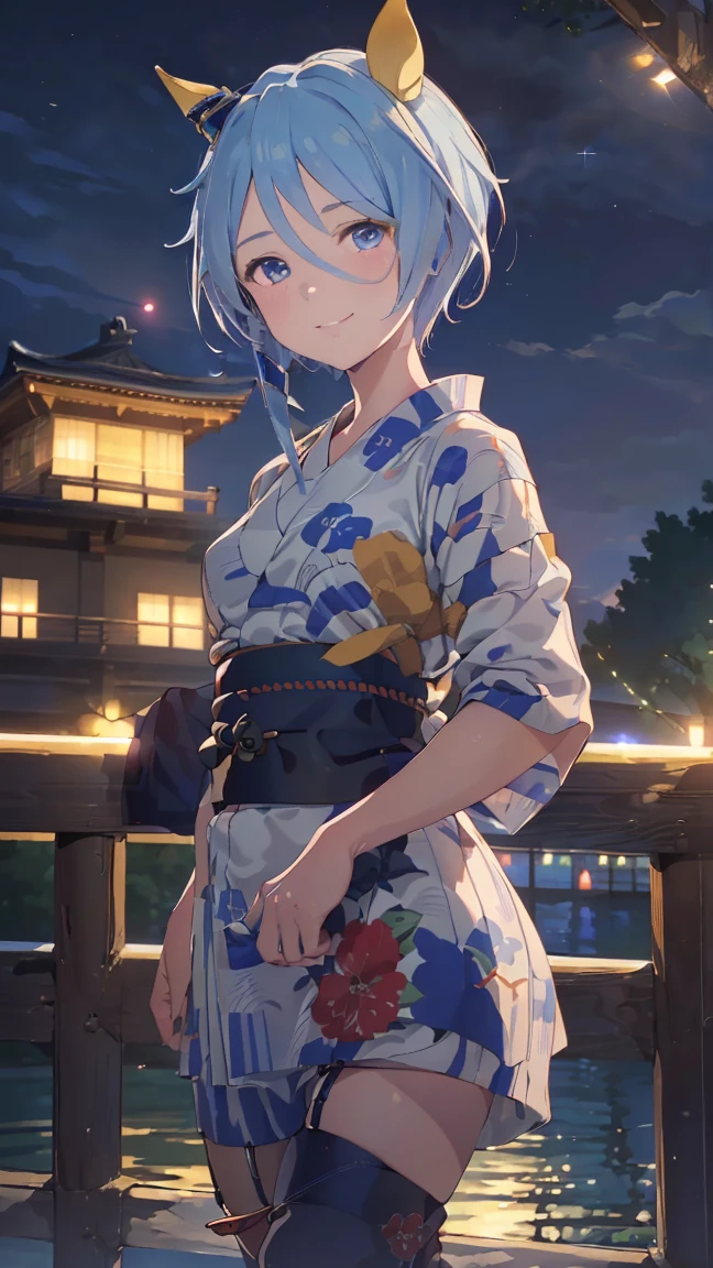 masterpiece, Highest quality, High resolution, Very detailed,(((KIES Miracle))), (((Horse Girl))), (((smile)))、(((Standing in the distance))), (((yukata))), (((night))), (((Red railing))), (((One girl))), (((solo))), , (((short hair))), (((Blue Hair))), (((horse ear))), (((Horse tail))), (((blue eyes)))