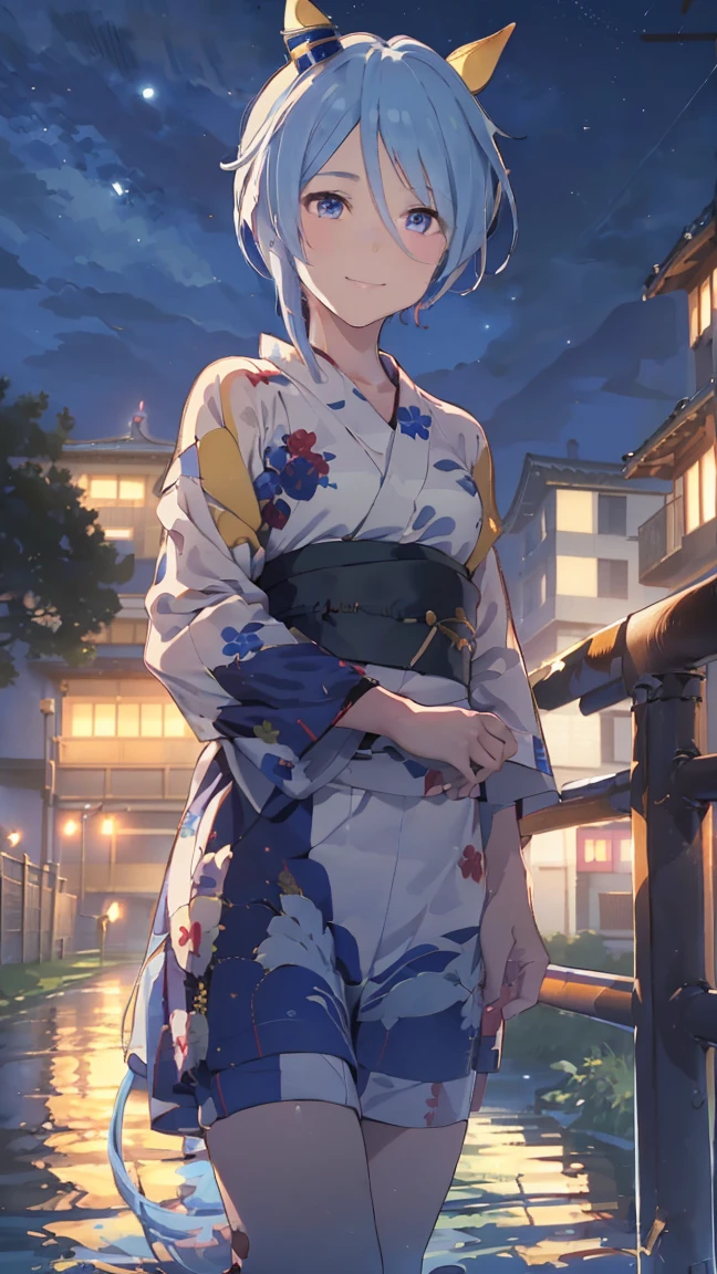 masterpiece, Highest quality, High resolution, Very detailed,(((KIES Miracle))), (((Horse Girl))), (((smile)))、(((Standing in the distance))), (((yukata))), (((night))), (((Red railing))), (((One girl))), (((solo))), , (((short hair))), (((Blue Hair))), (((horse ear))), (((Horse tail))), (((blue eyes)))