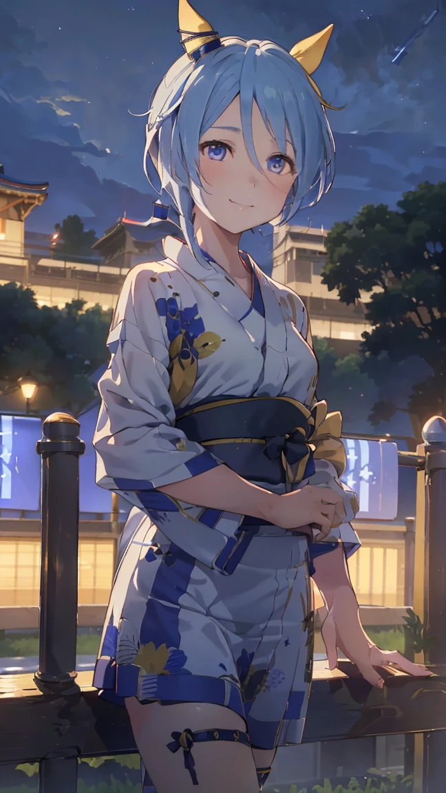 masterpiece, Highest quality, High resolution, Very detailed,(((KIES Miracle))), (((Horse Girl))), (((smile)))、(((Standing in the distance))), (((yukata))), (((night))), (((Red railing))), (((One girl))), (((solo))), , (((short hair))), (((Blue Hair))), (((horse ear))), (((Horse tail))), (((blue eyes)))