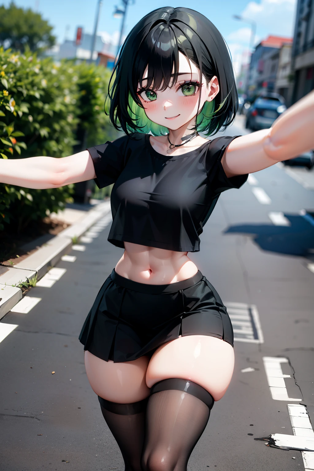 selfie, hair behind ear, makeup, light green hair, green hair, black hair, green and black gradient hair, short hair, straight hair, bangs, green eyes, (small breasts:0.7), (black skirt:1.2), dress, skirt, black thigh highs, black tshirt, thick thighs, wide hips, thigh gap, thin waist, street, shops, cars, outdoors, walking, running, motion blur, smile,