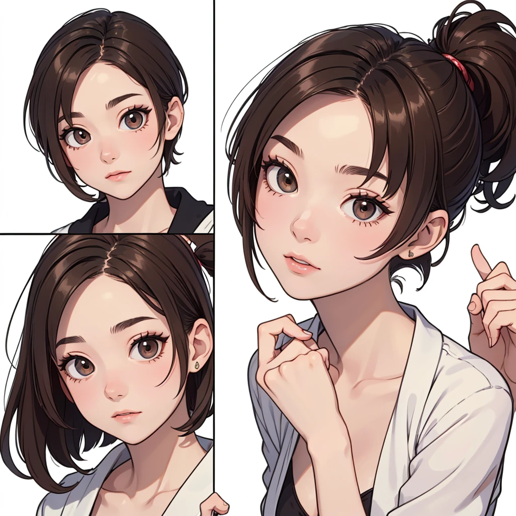 (((masterpiece, best quality, ultra highres, 1 girl, solo, no background))), super detailed skin and face and eyes and finger, beautiful japanese woman, small breasts:1.5, skinny, light brown hair, white background, very short pixie hair, knee shot, Generate with illustrations, Various expressions, Various poses, The background should be simple, with the character positioned centrally, outline, anime, 2d, boyish, Plain clothe, everyday clothes, expressionless, 