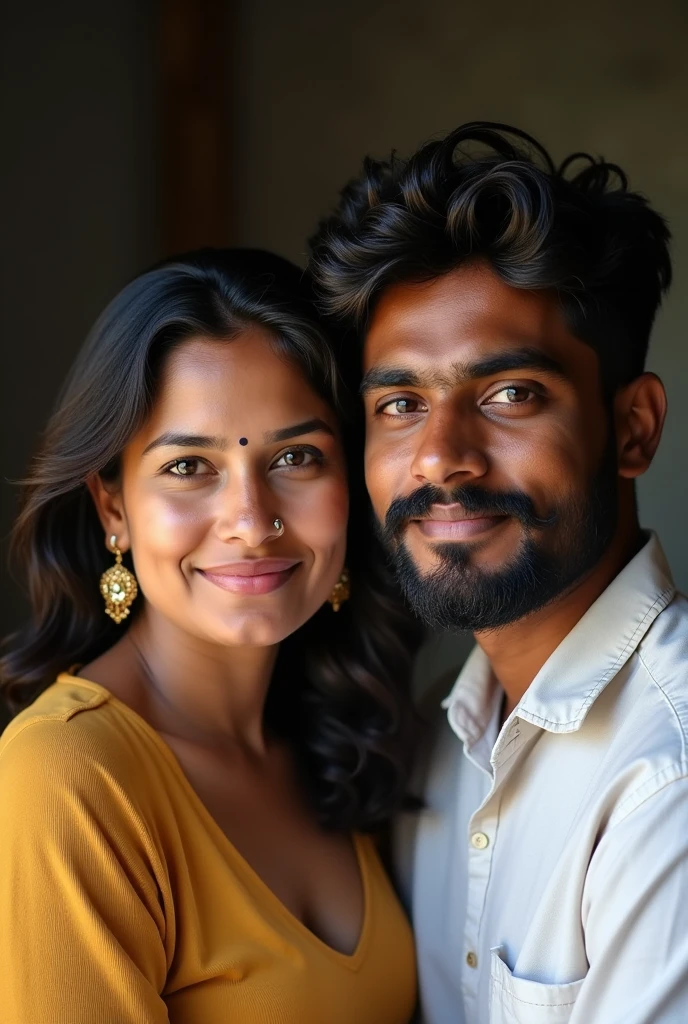 Kerala hijab straight couple in wayanad. Realistic photo.showing face. No ornaments.Female is white skin tone chubby curvy with black hairs showing cleavage Looks like actress nithya menon. Male is black skin tone with beard
