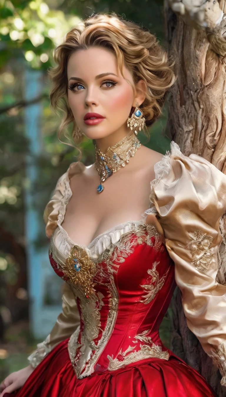 Photo of an aristocrat with big breasts, elegant, Hawk nose, who embodies old-fashioned class, Raffinesse, Elegance and health, natural beauty. curvy, thin waist, wide hips, swinging hips. . Opulent, historically accurate Victorian dress.salivafluss, saliva Mischmasch aus Laura Vandervoort, Scarlett Johanson She lies seductively under a Virginia oak tree.
High resolution, ​masterpiece, anatomically correct, best quality, Multiple awards, super detailed, uhd, textured skin, open mouth, ear rings,  diamond necklace, longeyelashes,big boobs,  red corset, Hourglass figure,longeyelashes, detailed face,very detailed face, very long eyelashes,open mouth, Make-up, salivafluss, saliva, open mouth, 