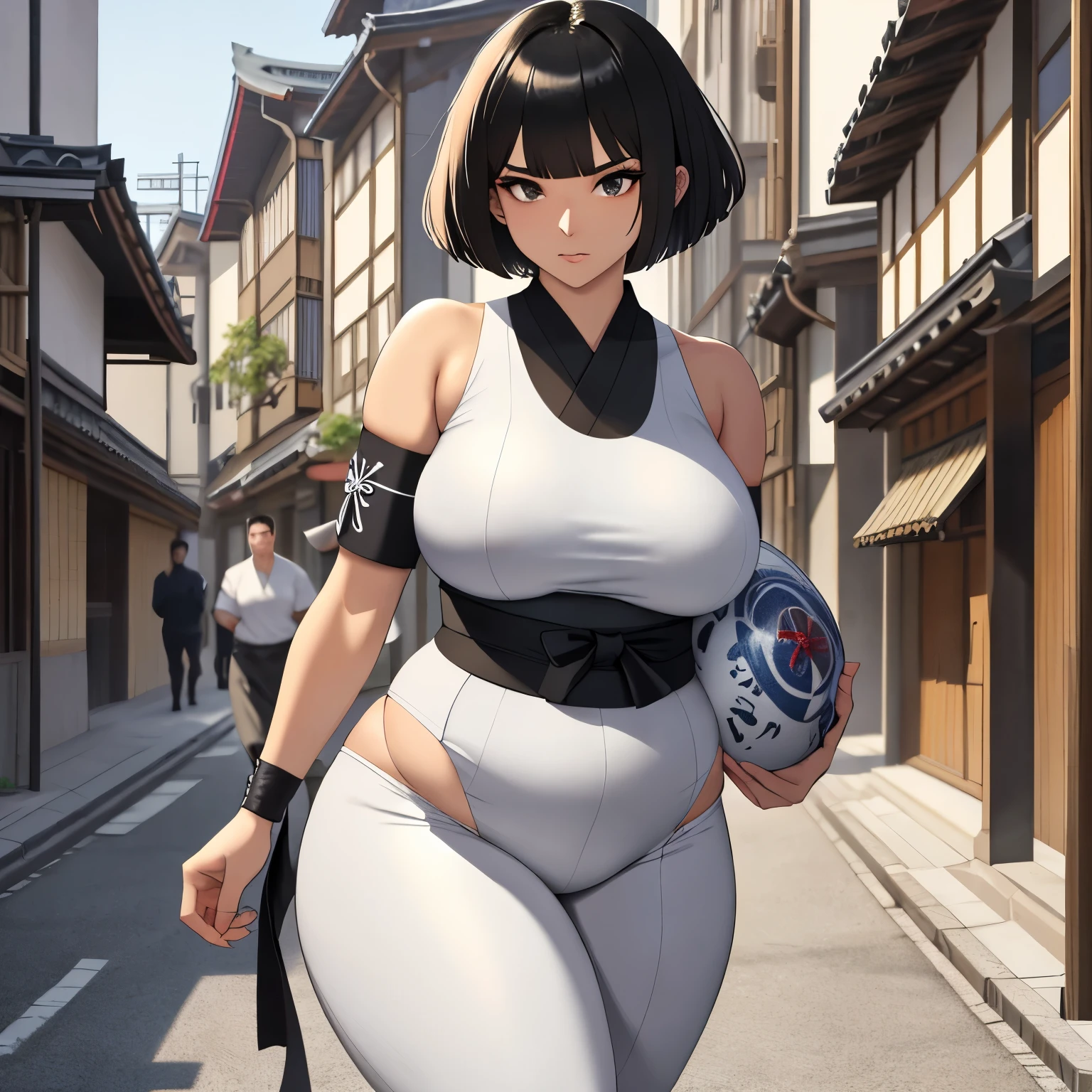 (Masterpiece), (detailed), (high res), (best quality), very slim sumo girl, black square haircut and long haircut, black eyes, white mawashi sumo outfit, sumo girl walking through medieval Japanese city street, very slim, dying from hunger, flat breasts
