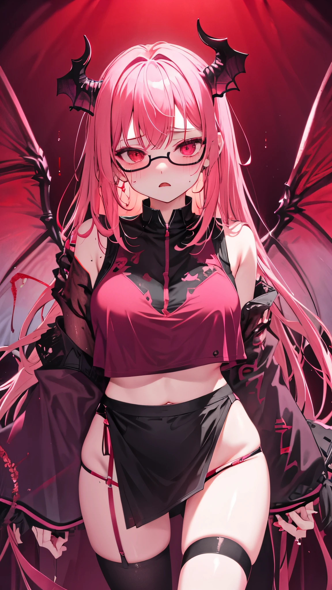 underdressing，Expression of disgust，Expression of disgust，Red Eyes，Sweat，Soaked，liquid，transparent，Cropped tops，succubus，pink，stocking，Glasses