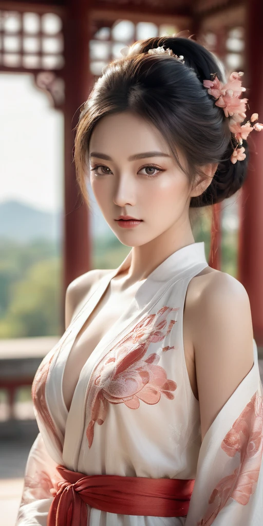 (ung girl), very cute face, wonderful face and eyes, (highly detailed eyes, highly detailed face), Fresh, very beautiful appearance, (surreal, High resolution), (highest quality:1.4), Raw photo, (realistic, Photoreal:1.37), professional photography, (light blue floral kimono:1.5), (open kimono), (cleavage:1.2), (bare shoulders), smile a little, (look at me), outdoor, sunny, girl portrait,
