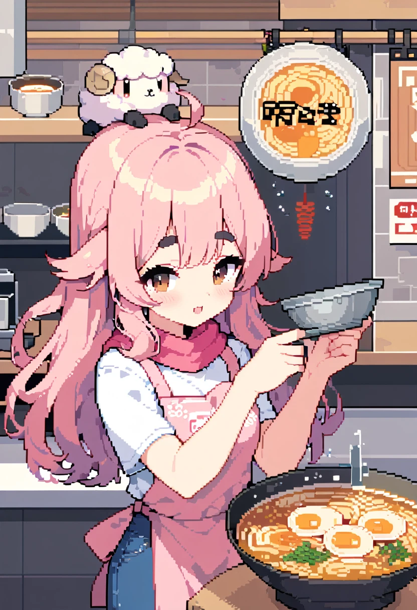 (((Highest quality, 8k, masterpiece: 1.3)), Beautiful pixel art, \One Woman, Pink Hair, Long Hair, Fluffy, fluffy hair, Thick eyebrows, White T-shirt, Blue jeans, apron, Pink bandana on head, Ramen shop Ramen shop, Ramen shop kitchen, Holding a drainer in both hands, Draining the water from the ramen, 1 mini sheep