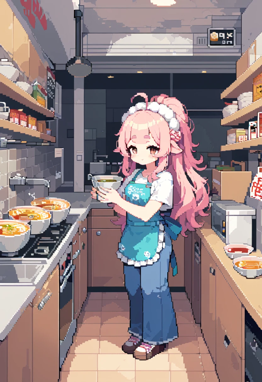 (((Highest quality, 8k, masterpiece: 1.3)), Beautiful pixel art, \One Woman, Pink Hair, Long Hair, Fluffy, fluffy hair, Thick eyebrows, White T-shirt, Blue jeans, apron, Pink bandana on head, Ramen shop Ramen shop, Ramen shop kitchen, Holding a drainer in both hands, Draining the water from the ramen, 1 mini sheep