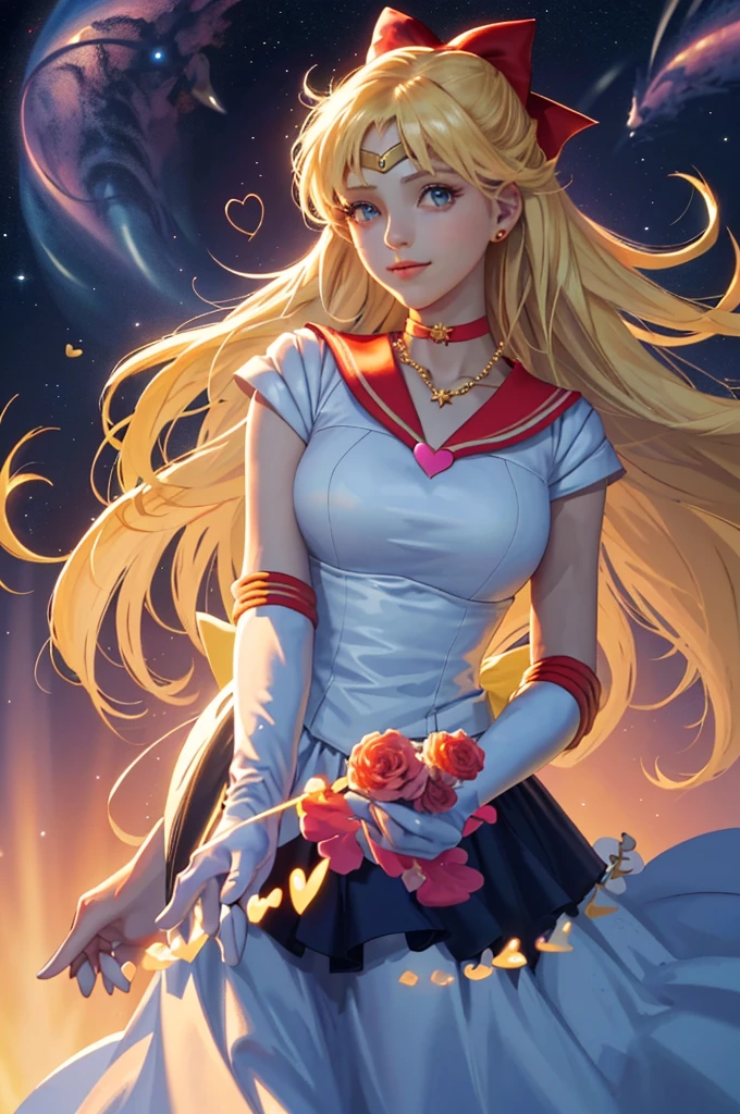 (masterpiece, highest quality; 1.3), Very detailedなCG, Very detailed, 1 girl, alone, smile, Looking at the audience, stylish angle, Long blonde hair, blue eyes, SV1, Sailor suit, Orange Skirt, Elbow hand pockets, tiara, Orange sailor collar, red bow, orange necklace, White gloves, jewelry, Many Hearts, face focus, Venus, tornado, Abstract background, storm of heart, Stop beam, Heart Bubble, Heart Bus, Stop Star, heart flower, Heart Lamp, world of heart, heart background, Galaxy Background, Heart Weapon, Heart Halo,