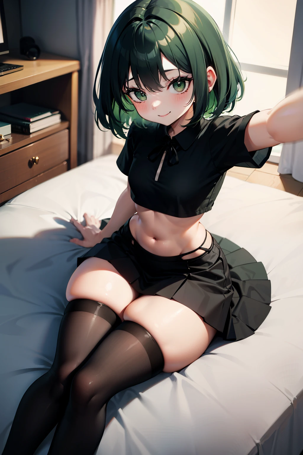 selfie, hair behind ear, makeup, light green hair, green hair, black hair, green and black gradient hair, short hair, straight hair, bangs, green eyes, (small breasts:0.7), (black skirt:1.2), dress, skirt, black thigh highs, black tshirt, thick thighs, wide hips, thigh gap, thin waist, bedroom, lying down, lying on stomach, smile, selfie