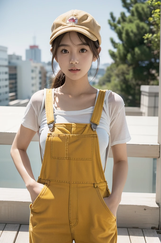 Japanese cute girl wearing overalls over naked body, (((overalls over naked body))), wearing a red newsboy cap, a round yellow patch in the middle of the newsboy cap, wearing white gloves, brown hair, white skin, On the terrace where the strong sunlight shines, (((realistic))), (((High resolution)))