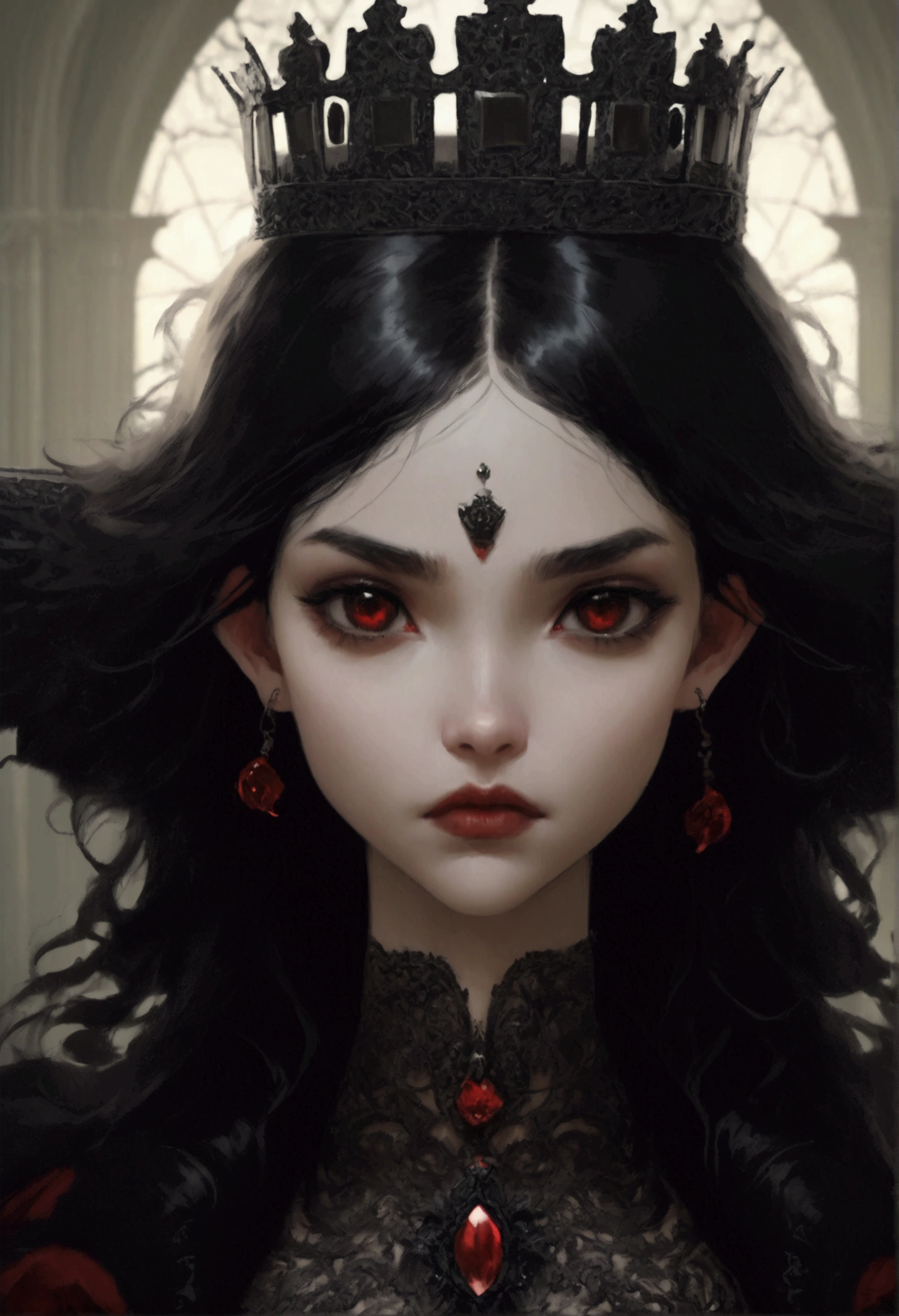 dusk, moody, gloomy, intimate close up portrait of a beautiful vampire princess, perfect shiny ivory skin, flushed, smoldering eyes, (perfect face), cleavage, shiny long black hair, frills, (Albert Lynch), J. C. Leyendecker, Ruan Jia, Gaston Bussiere, Alexandre Cabanel, WLOP, best quality