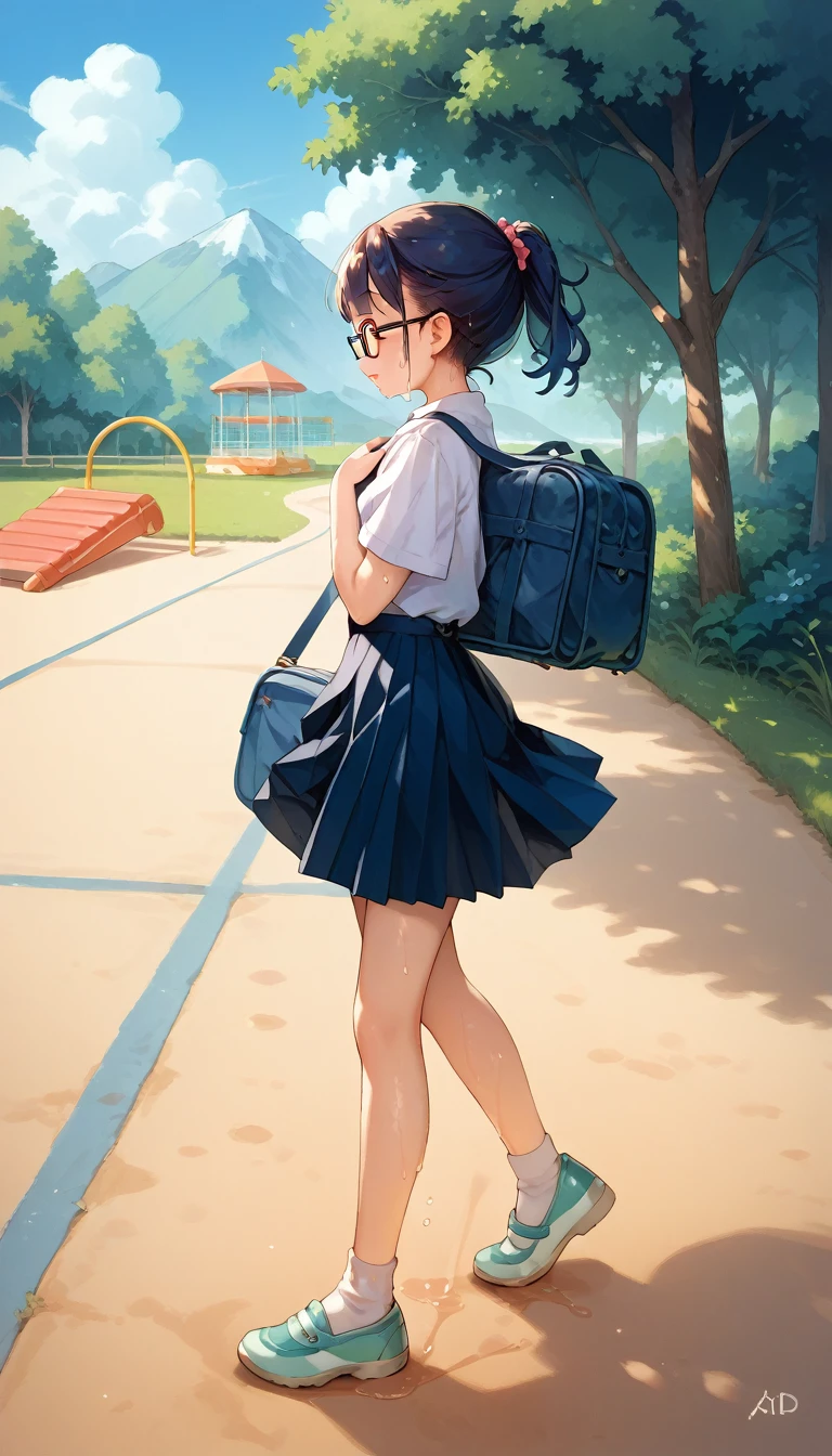 A child in a Thai school uniform poses, on the side of the road in a playground, wearing glasses, wearing a kindergarten school bag, playing on playground equipment, wet underwear, walking home with friends, Thai school skirt stretched to the top of the mountain