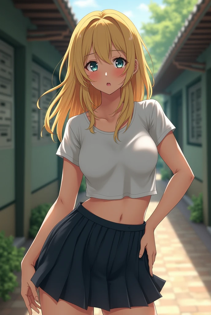 1girl, solo, detailed face, , , long hair,,,outdoor,standing,looking viewer,side ponytail,small breasts,,(((,gyaru))),nsfw,,thighhighs,,grin,earring,camisole,miniskirt